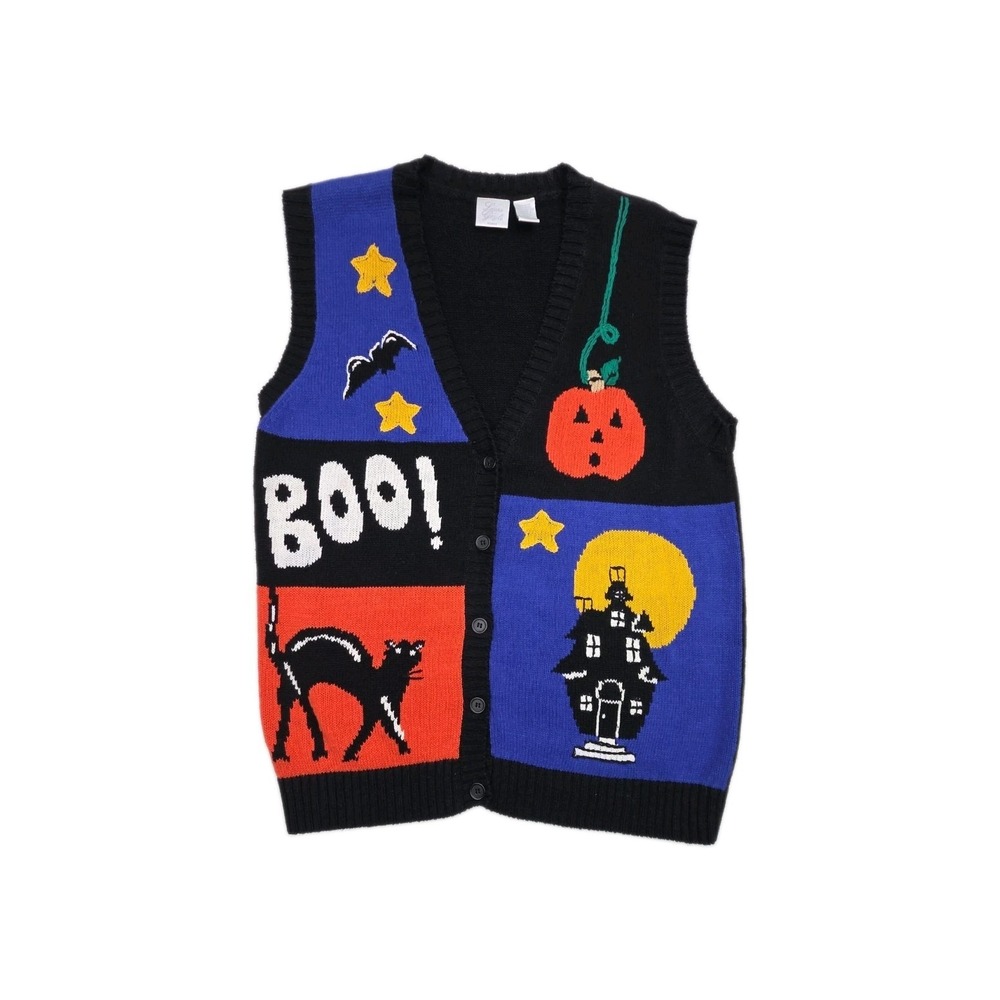 Vintage 90s Halloween Haunted House Cat Bat Black Cardigan Sweater Vest Size 1X